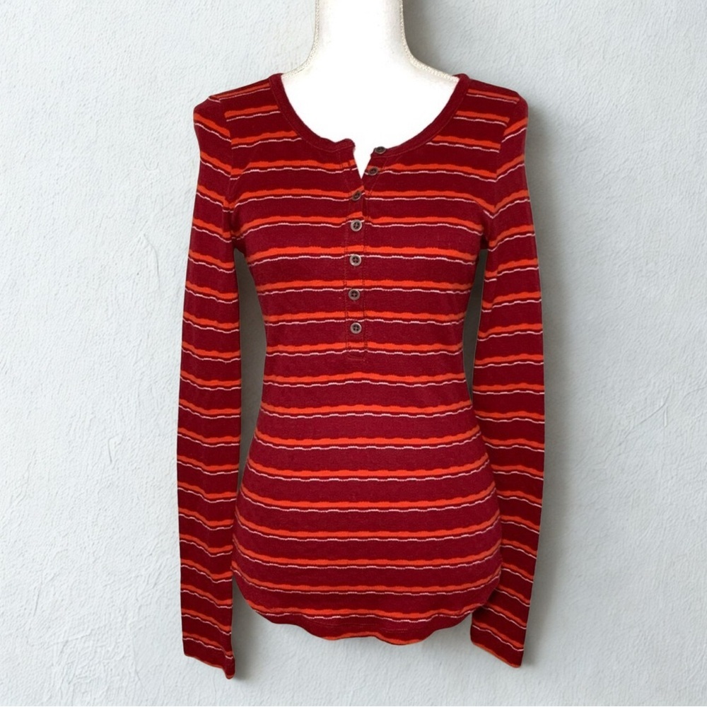 Lucky Brand Red Fitted Stripe Henley 3/4 Button Down Shirt Women’s Medium